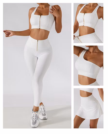 4 PCS Set Sexy off Shoulder Zipper Bra Mini Tennis Golf Yoga Sports Wear Skirts Biker Shorts Compression Leggings Suit