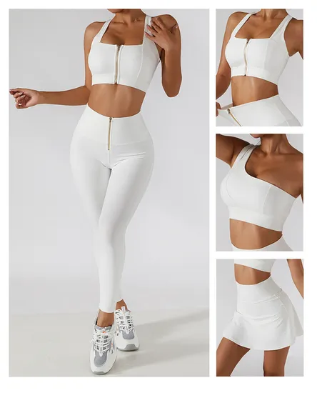 4 PCS Set Sexy off Shoulder Zipper Bra Mini Tennis Golf Yoga Sports Wear Skirts Biker Shorts Compression Leggings Suit